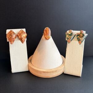 Vintage Copper & Acrylic Handmade Jewelry Set Ring Size 5.5 Screw Back Earrings